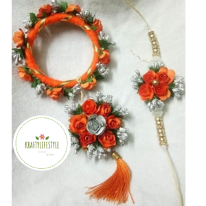 Orange floral rakhi set