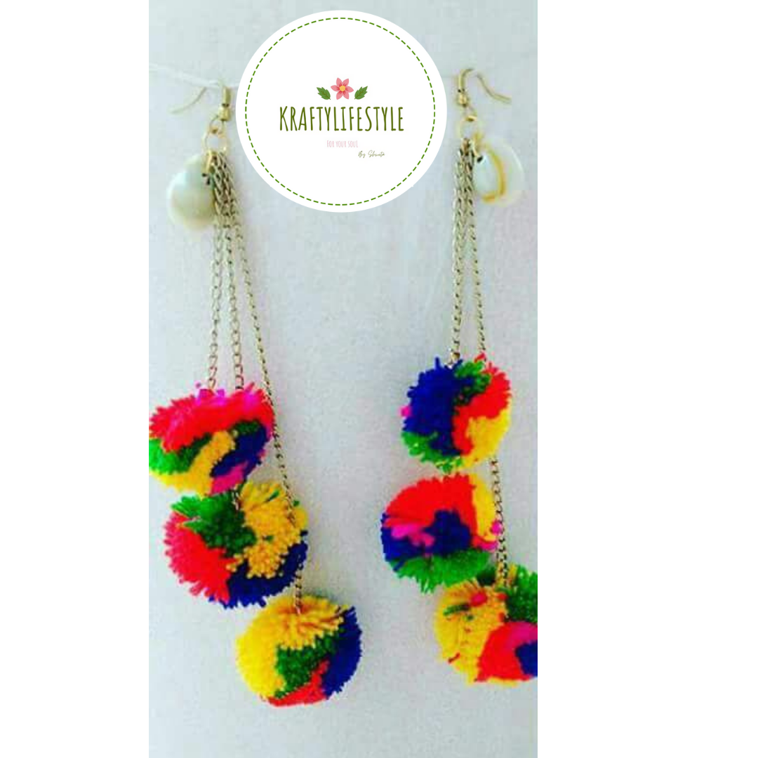 Multicolored Layered Tassel Pom-Pom Earrings – Glitter Gleam